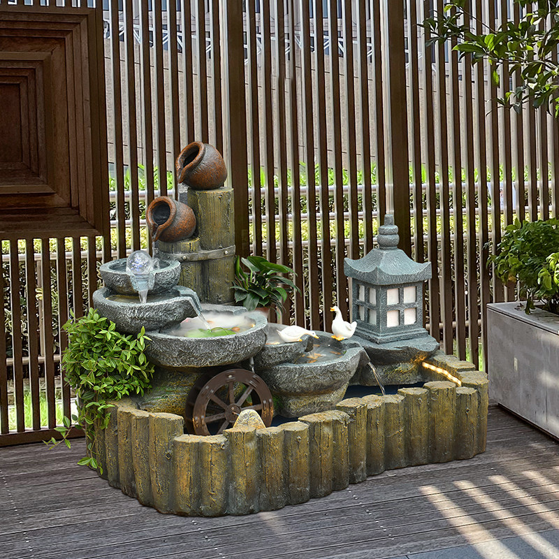 禅意庭院鱼池阳台假山流水喷泉田园景观水景布置花园水池落地装饰