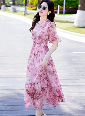 中长款印花伪娘反串连衣裙新款变装法式高腰女装大佬超仙雪纺裙子