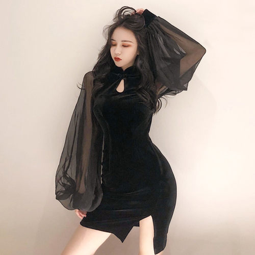 大码黑暗系旗袍款cd伪娘连衣裙变装冷淡风男女装大佬性感黑色短裙