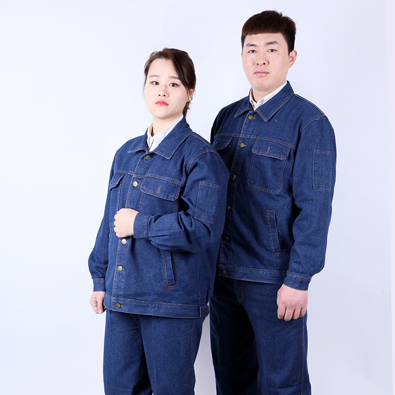 春秋季牛仔工作服套装纯棉劳保服牛仔耐磨防烫加厚工地劳动服