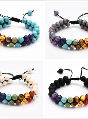 五彩石 手链男女款简约火山石松石磨砂玛瑙双层手工编织转运 手串