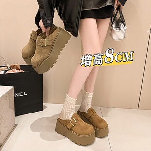 品牌真皮厚底增高勃肯鞋女2025春季新款一脚蹬外穿包头半拖鞋单鞋