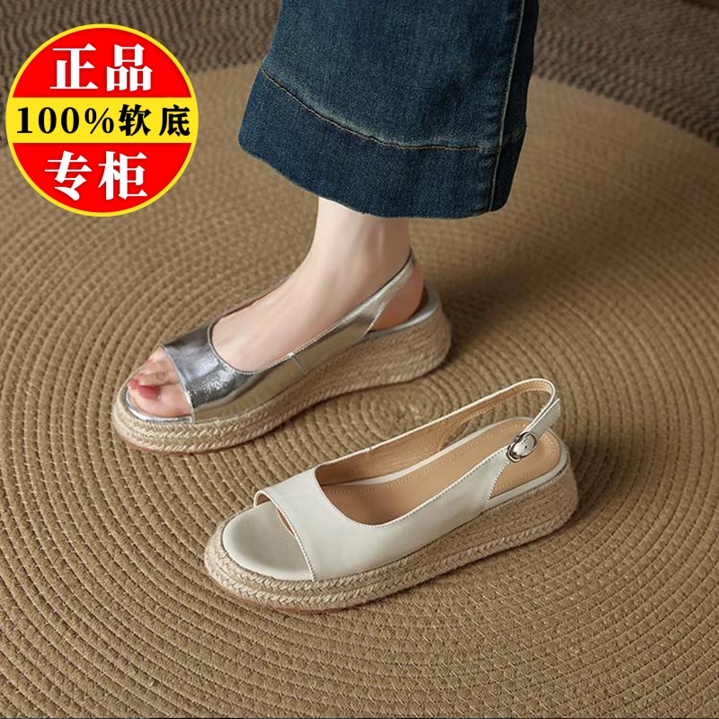 品牌真皮厚底凉鞋女2025夏新款坡跟增高一字带露趾罗马鞋鱼嘴凉鞋
