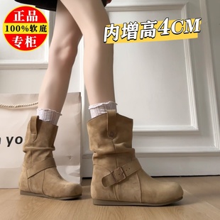 品牌真皮复古勃肯短靴子女2025秋新款内增高堆堆靴西部牛仔短靴