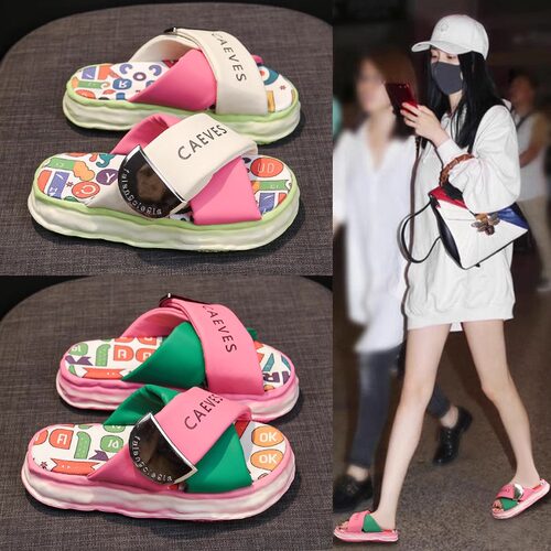 品牌网红涂鸦凉拖鞋女夏季2025新款外穿厚底休闲一字拖软底沙滩鞋