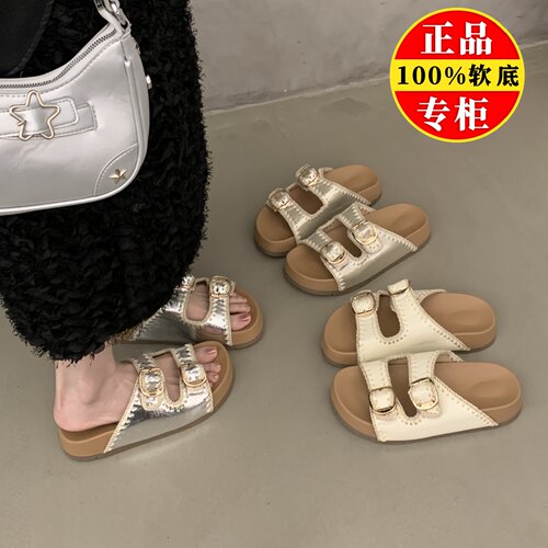 品牌真皮勃肯凉拖鞋女夏2025新款外穿厚底配裙子防滑沙滩一字拖鞋