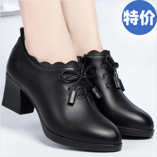 品牌特价2025秋季新款女皮鞋深口单鞋中跟真皮百搭软底妈妈工作鞋