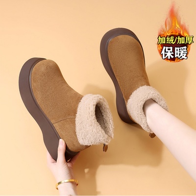 真皮翻边毛毛雪地靴女2025冬季新款厚底勃肯短靴加绒加厚保暖棉鞋