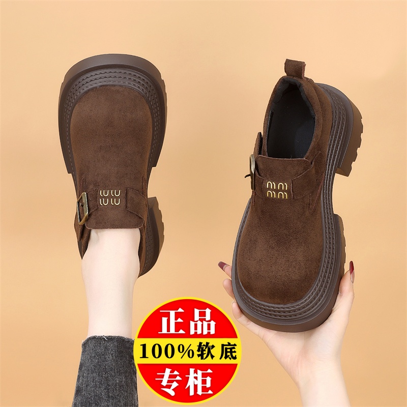 品牌断码磨砂真皮乐福鞋子女2025新款厚底增高勃肯鞋软底休闲单鞋