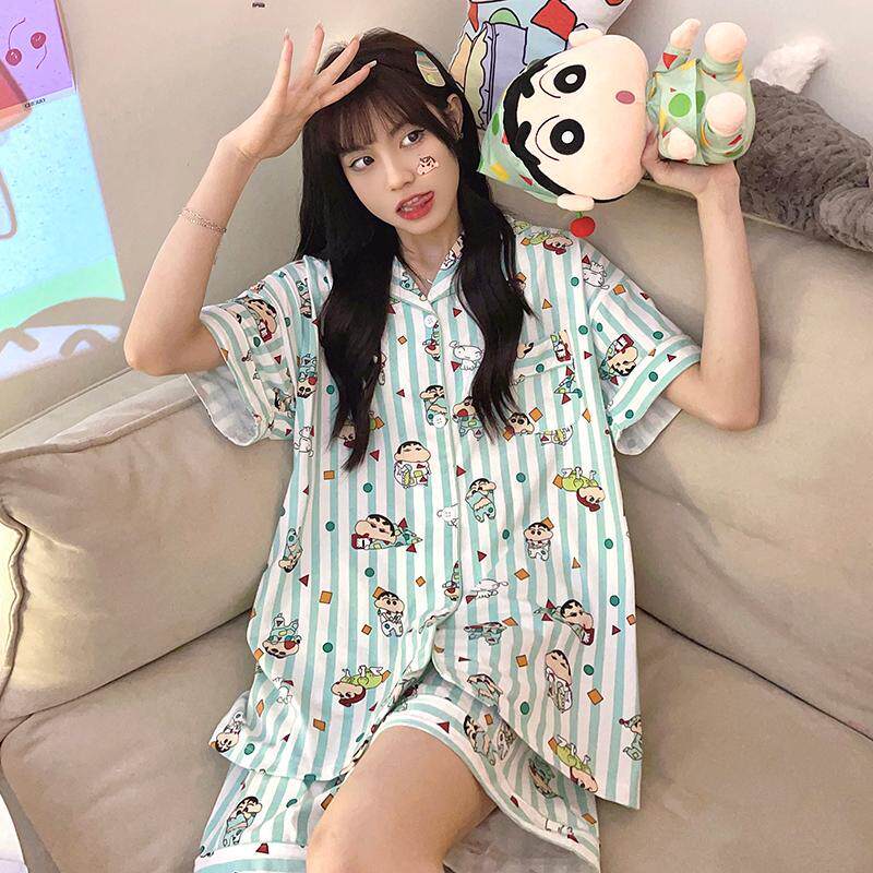 睡衣女开衫短袖助眠蜡笔条纹小新图片