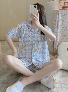 网红ins纯棉睡衣女夏薄款外贸工厂店Singapore短裤开衫家居服套装