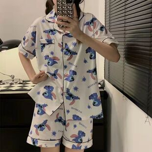 夏季家居服女纯棉开衫短袖裤时尚出口可外穿凉爽薄款卡通睡衣套装