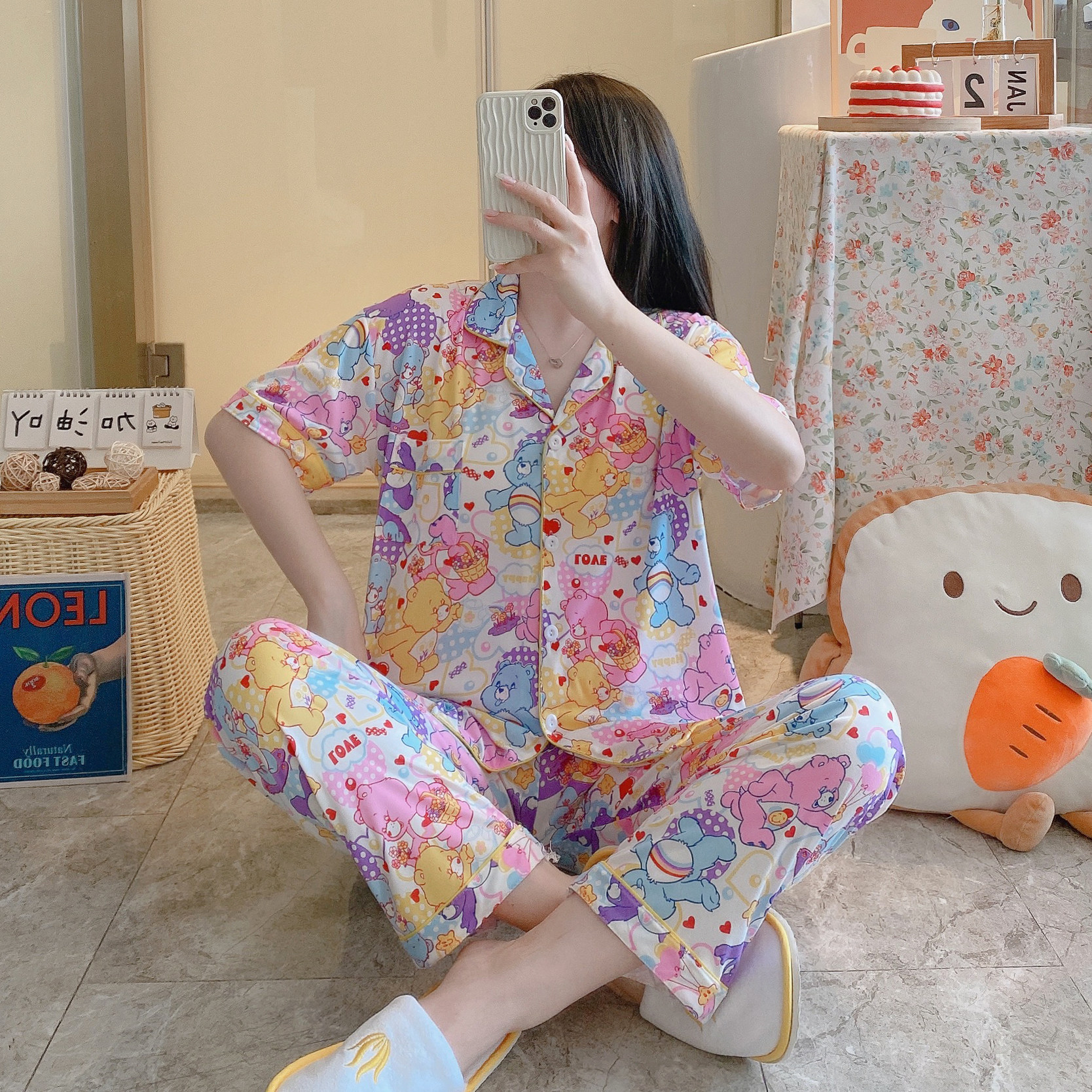 夏天女士家居服短袖纯棉格子开衫长裤空调房休闲可爱出口睡衣套装
