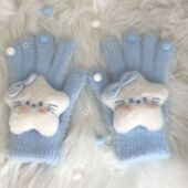 新款 蓝色系蝴蝶结星星kt手套女冬季 保暖甜美可爱卡通学生骑行仿寒