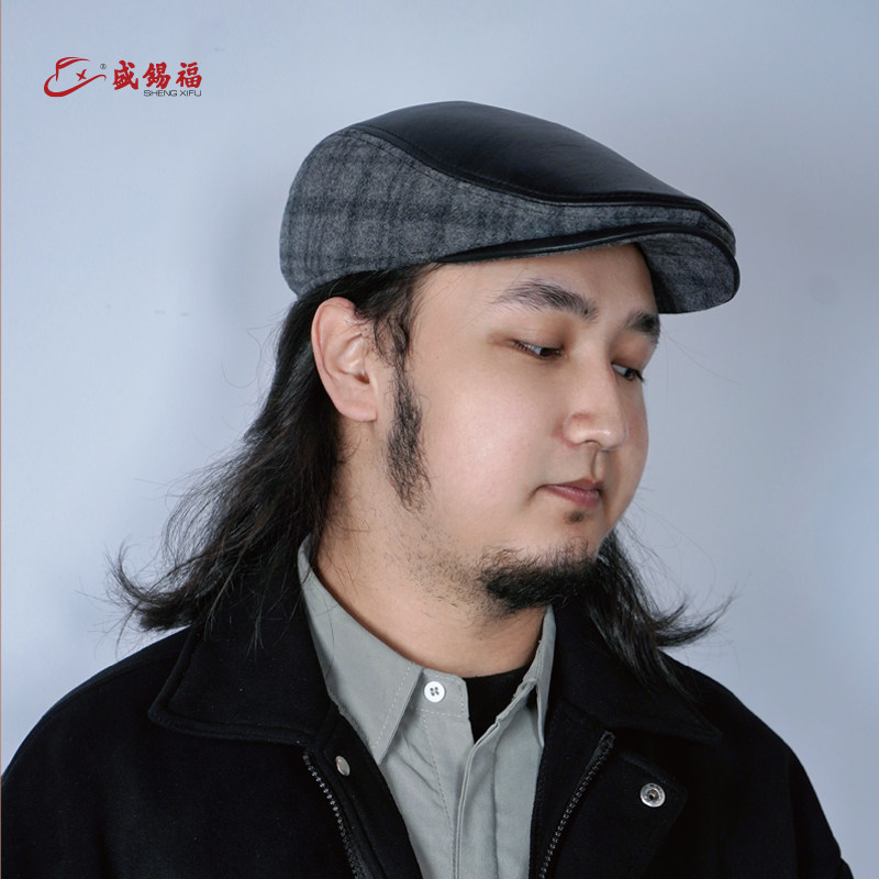 盛锡福烟灰大格长檐皮鸭舌秋冬款护耳复古前进帽男女同款休闲帽