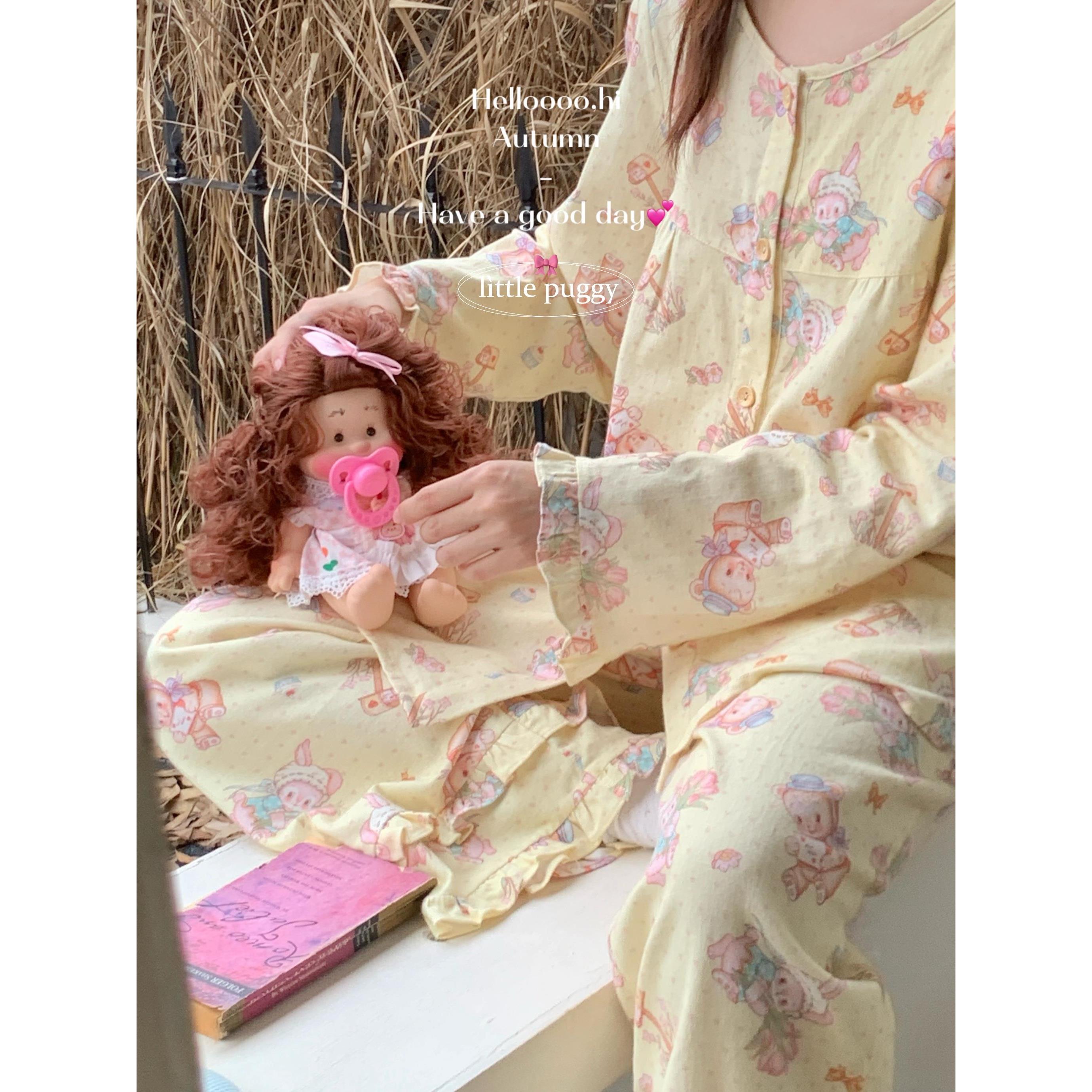 多色入 韩系秋冬花边显白奶油色昭和小熊纯棉磨毛睡衣家居服套装