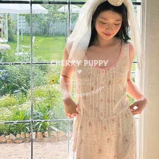背心裙无袖 碎花约克夏全面双层棉纱睡衣女夏季 宽松休闲睡裙家居服