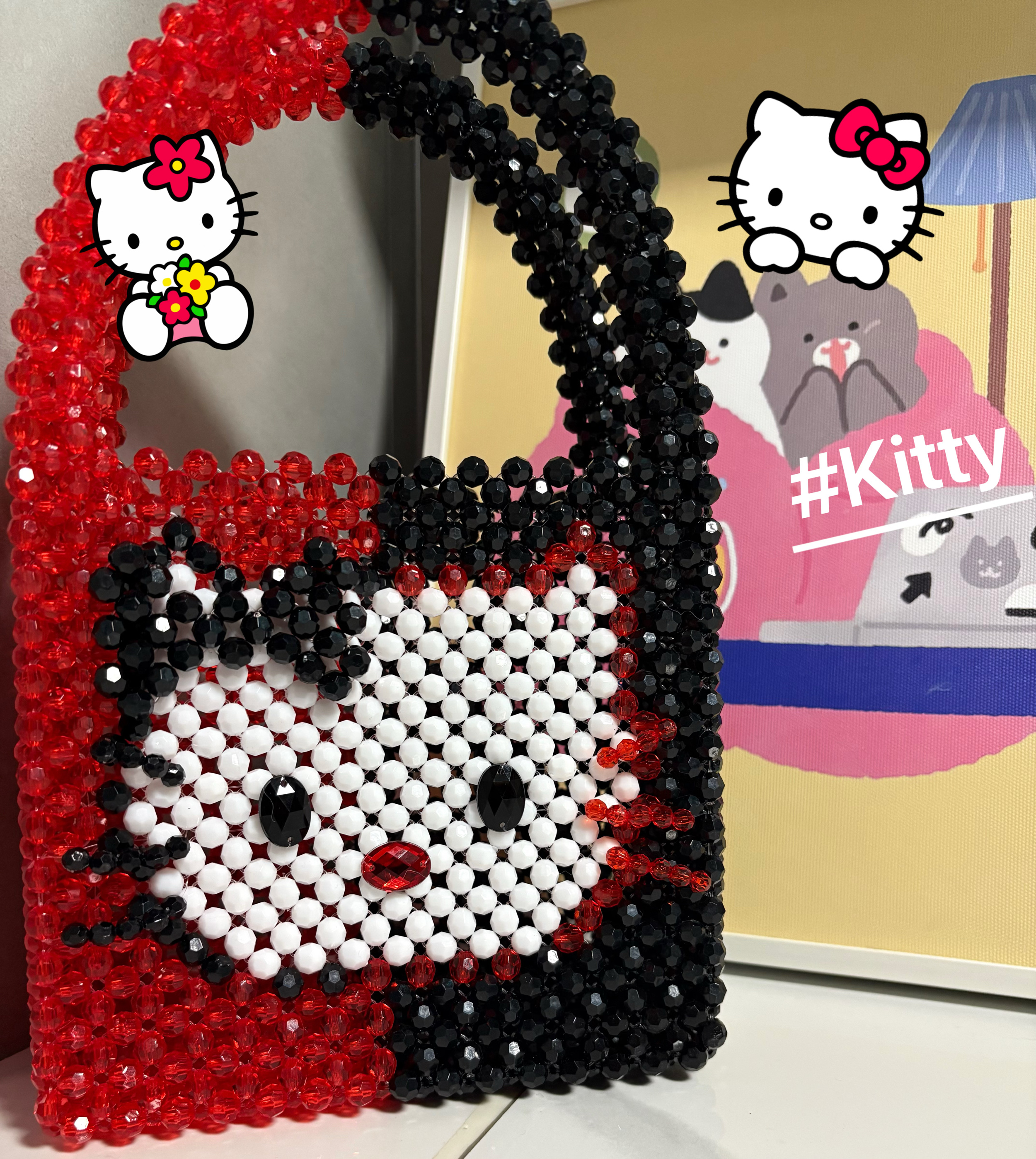 双重人格AB面双面人hellokitty手工串珠包菜篮子手提包旅游包中古