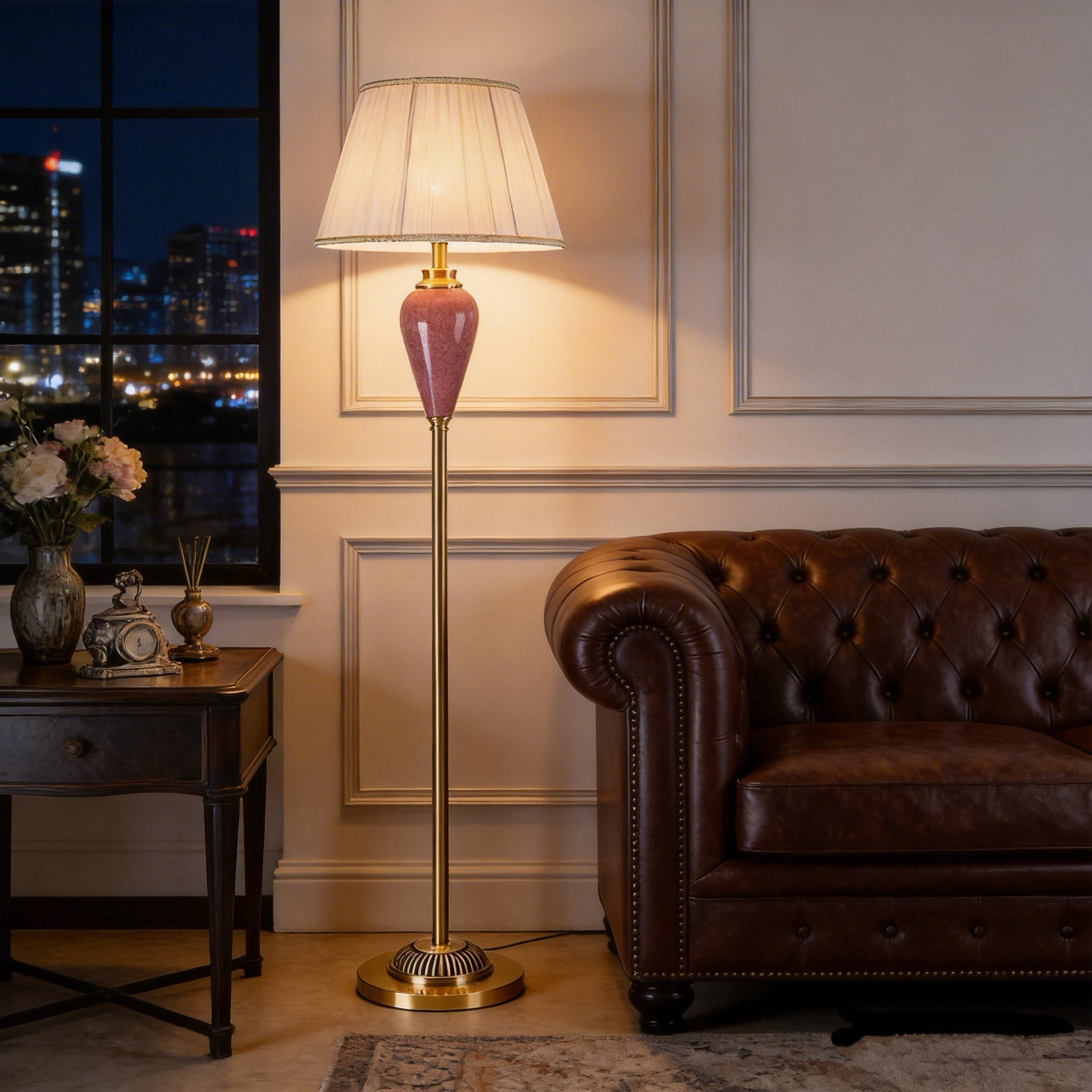 美式落地灯客厅卧室台灯床头布艺立式陶瓷中式复古装饰冰裂纹粉色