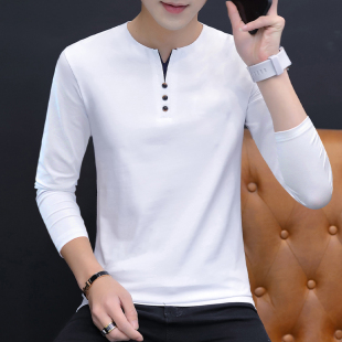 舒适纯棉V领内搭体恤外穿男士 春秋款 鸡心领上衣服 T恤男装 纯色长袖