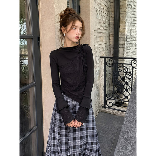 BERUN 拼接假两件长袖T恤女秋季新款别致设计感修身显瘦百搭上衣