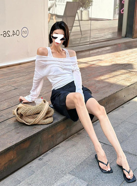 BERUN 设计感假两件长袖防晒恤女夏季气质别致修身露肩薄款上衣
