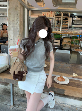 BERUN BERUN 网球少女运动套装灰色领针织短袖上衣半身裤裙两件套