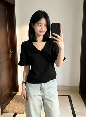BERUN 慵懒松弛感V领折花袖衬衫女夏季小众宽松显瘦气质百搭上衣