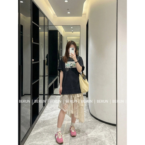 BERUN 韩系松弛感卡通印花短袖T恤女夏季设计感宽松休闲百搭上衣
