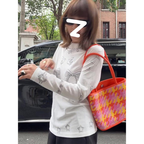 韩版时尚白色印花长袖防嗮T恤女