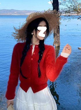 BERUN 氛围感红色仿水貂毛针织开衫女秋冬百搭修身短款毛衣外套