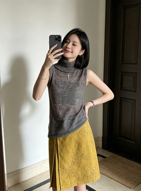 BERUN 灰色高领无袖针织背心女夏季新款气质微透修身显瘦打底上衣