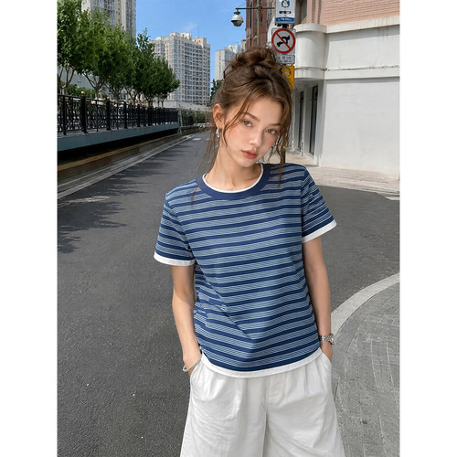 BERUN 复古撞色条纹假两件短袖T恤女装圆领宽松休闲百搭通勤上衣