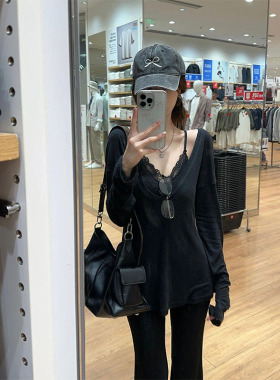 BERUN 纯欲性感黑色蕾丝小吊带薄款微透深长袖恤叠穿两件套女