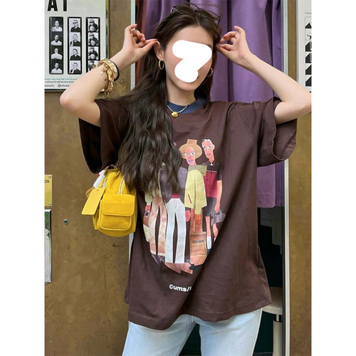 圆领撞色手绘印花纯棉短袖上衣女