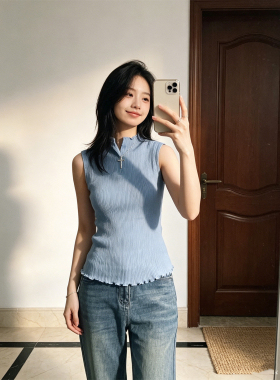 BERUN 蓝色立领半开扣无袖针织背心女装夏季坑条收腰显瘦气质上衣