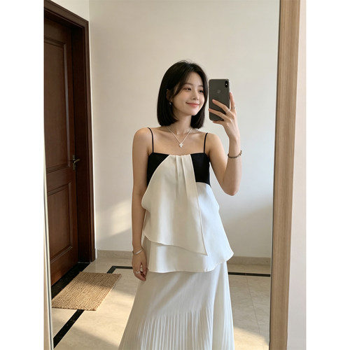 BERUN 设计感黑白撞色吊带背心女装夏季优雅气质捏褶无袖通勤上衣