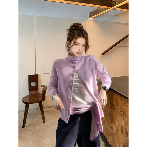 BERUN 韩系复古紫色高领针织开衫女秋季简约修身显瘦气质外搭上衣