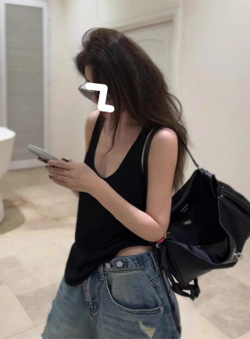 BERUN 美式复古黑色领挂脖背心女夏季新款修身显瘦别致外穿上衣