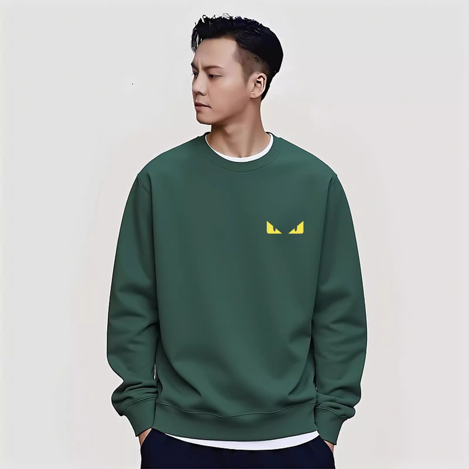 香港潮牌陈伟霆重磅纯棉墨绿色圆领美式街头风小怪兽印花图案卫衣