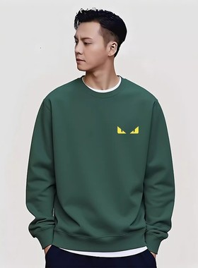 香港潮牌陈伟霆重磅纯棉墨绿色圆领美式街头风小怪兽印花图案卫衣