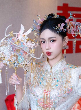 团扇新娘结婚高级diy材料包龙凤褂喜扇子秀禾中式婚礼出嫁永生花