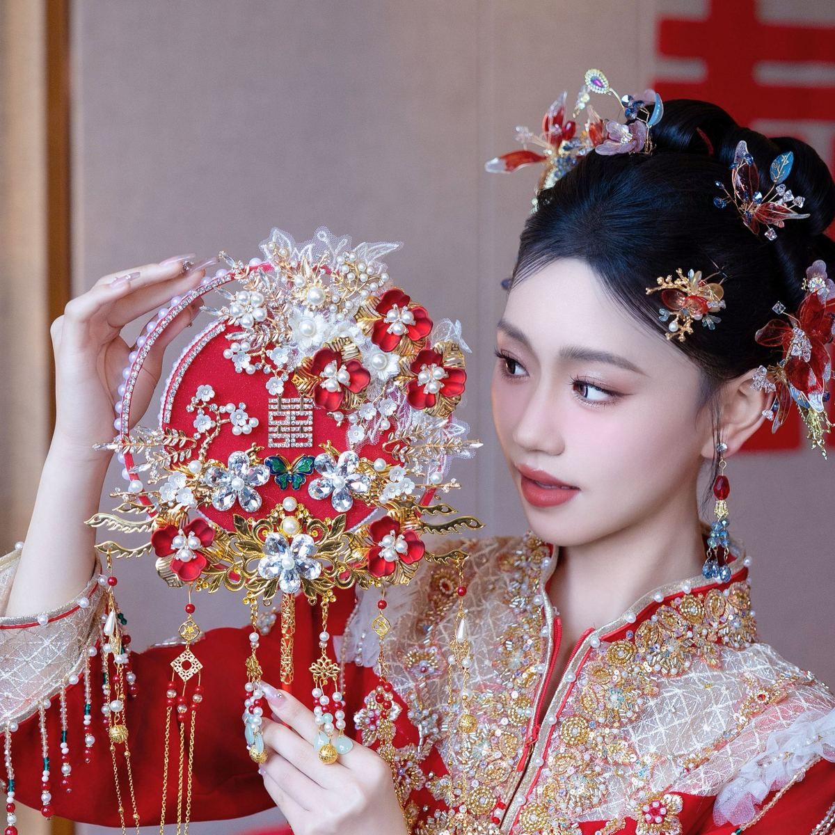 团扇新娘结婚喜扇重工diy材料包手工秀禾服婚扇婚礼高级感扇子图片