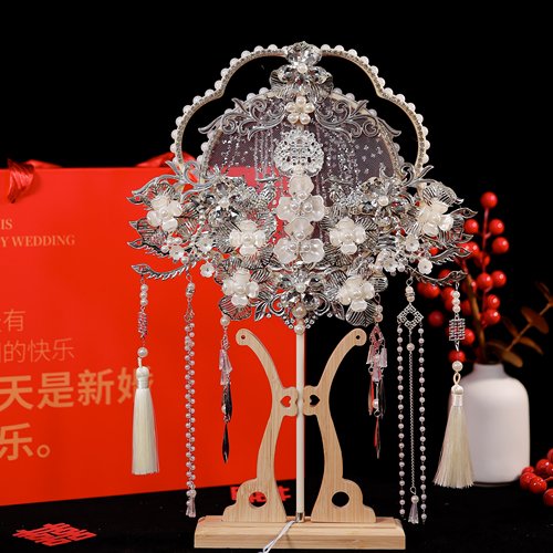 团扇新娘结婚diy扇子材料包婚扇秀禾中式成品银色高级手工喜扇