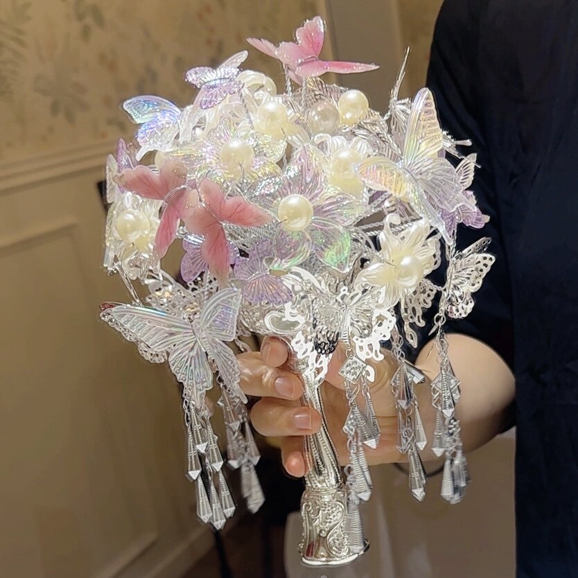 黄金色手捧花结婚diy礼物高级手工新婚闺蜜团扇中式婚礼新娘秀禾