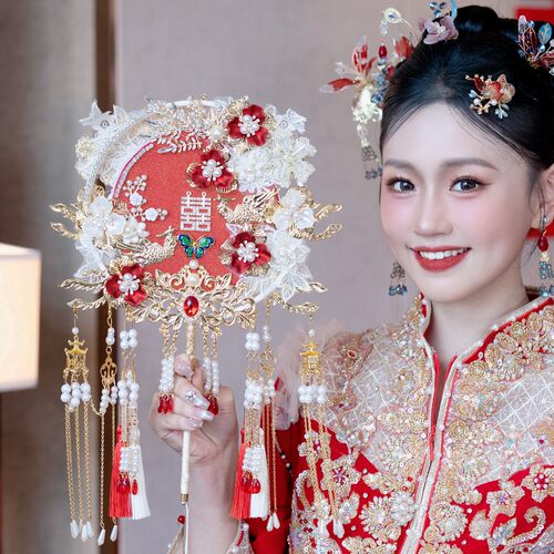 团扇新娘结婚新中式礼物晨袍婚双圈扇喜扇秀禾扇子双面双色