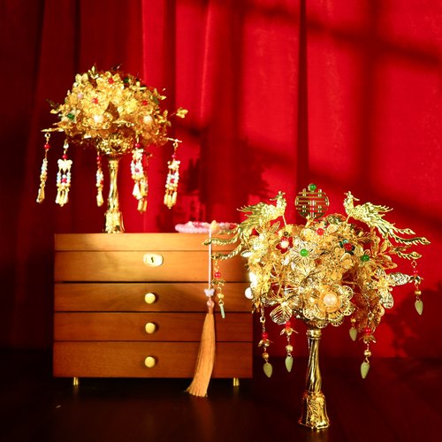 黄金色手捧花工diy新娘婚礼结婚闺蜜礼物手新婚团扇秀禾中式高级