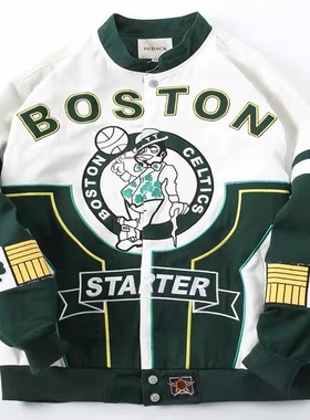 杜戴克新款凯尔特人欧美男女潮牌棒球服立领宽松加厚拼接刺绣夹克