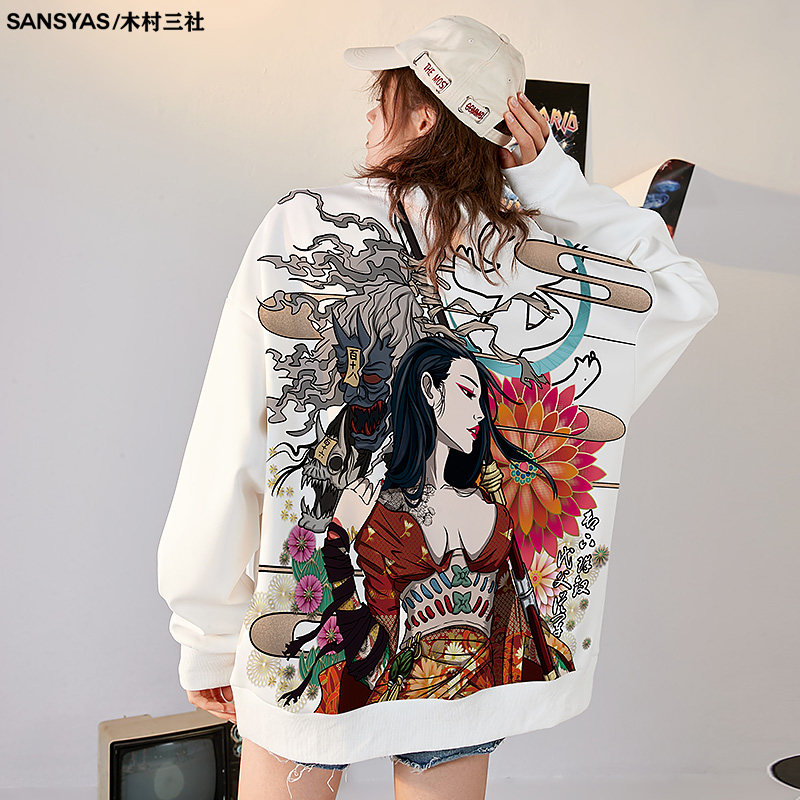 木村三社x红莲之梦 国潮原创花木兰长袖卫衣潮牌潮流圆领九分袖