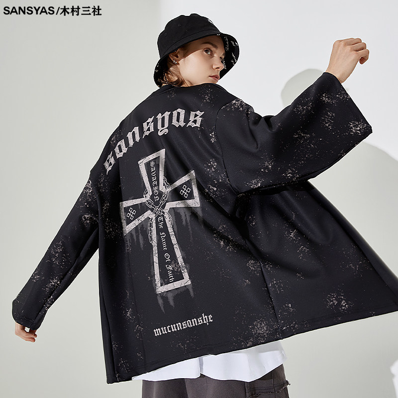 木村三社x救赎系列 防晒服男装十字架印花黑色风衣道袍夏季男